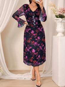 SHEIN Clasi 大码女式花卉印花荷叶边领喇叭袖连衣裙