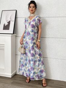 Yasmyna Vestido largo elegante de mujer con estampado floral todo sobre todo y bordado, de estilo tradicional turco y árabe