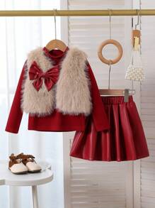SHEIN Trang phục cho bé gái: Áo cổ lọ tay dài, áo vest lông không tay có nơ và chân váy giả da - Màu Đỏ Sâu - Xem 1