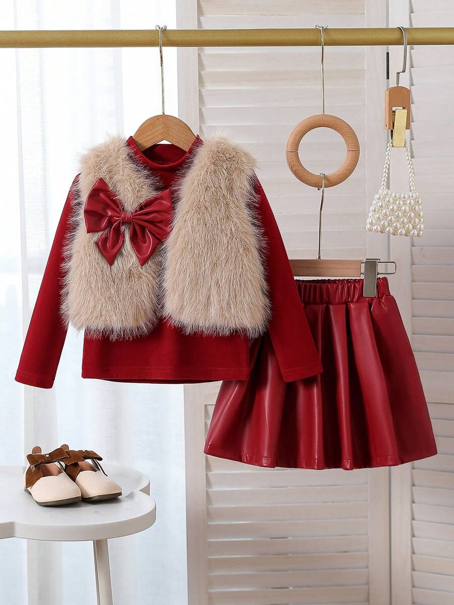 SHEIN Trang phục cho bé gái: Áo cổ lọ tay dài, áo vest lông không tay có nơ và chân váy giả da - Màu Đỏ Sâu - Xem 1