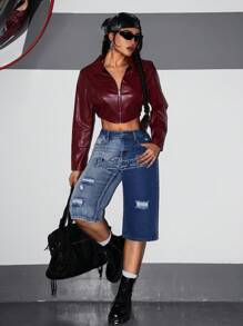 SHEIN ICON Women's Casual Front Button Pocket Distressed Denim Jeans - Blue - View 5