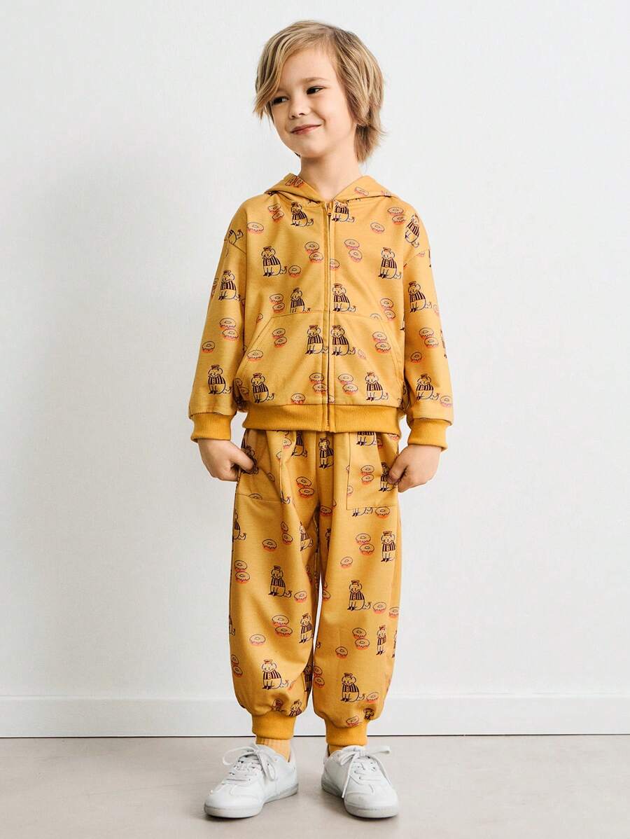 SHEIN Young Boy Cartoon Print Pocketed Loose Drawstring Sweatpants - Yellow - View 1