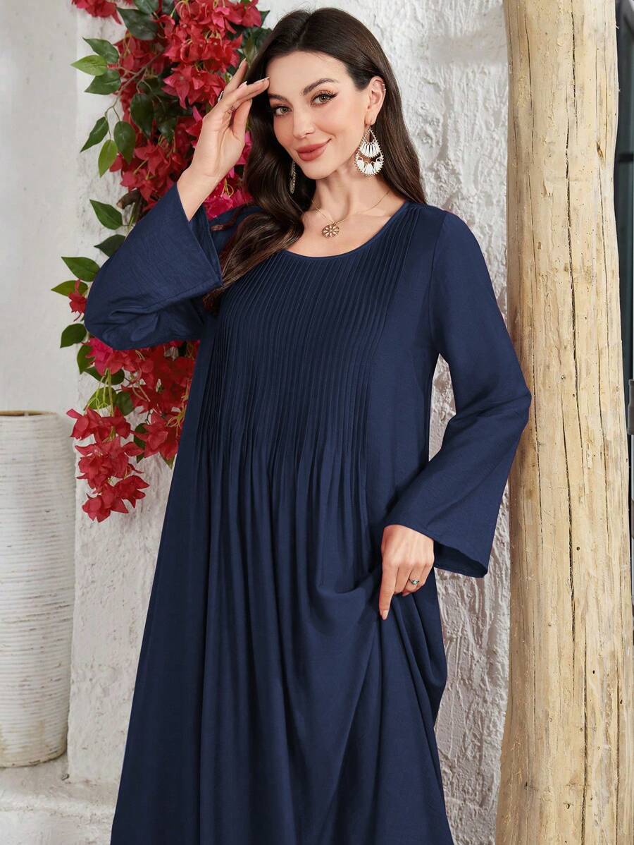 Lacomfia 优雅修身简约条纹连衣裙，让您看起来更年轻 - 寶藍色 - 查看 1