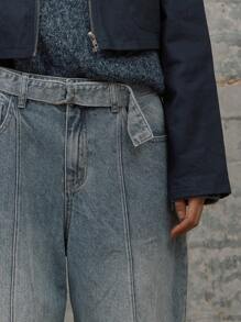 MUSERA 中腰D形环腰带阔腿缝线细节阔腿牛仔裤，90年代Y2K风格，适合春季晚宴、派对、优雅夏季穿着。 - 灰色 - 查看 5