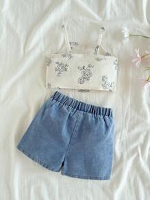 Vintaside Kids Babygirl 2 件套轻盈贴身可爱花卉印花吊带背心搭配时尚休闲刺绣牛仔裤套装，非常适合夏季，花卉印花增添俏皮迷人元素，牛仔裤和上衣相得益彰，为宝宝打造时尚舒适的装扮 - 彩色 - 查看 2