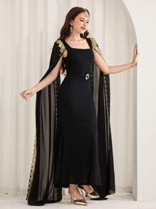 SHEIN 少女黑色方领斗篷袖美人鱼礼服，传统、奢华、优雅、复古 - 黑色 - 查看 8