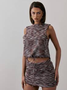 MUSERA Knit Sleeveless Raw Hem Drawstring Waist Vest Top - Multicolor - View 1