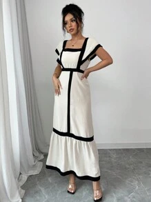 SHEIN Unity 女士优雅休闲黑色和米色条纹荷叶边袖连衣裙，度假风格 - 黑與白 - 查看 5