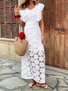 Elenzga Elegant White V-Neck Ruffle & Flower Lace Hollow Long Dress For Women - White - View 8