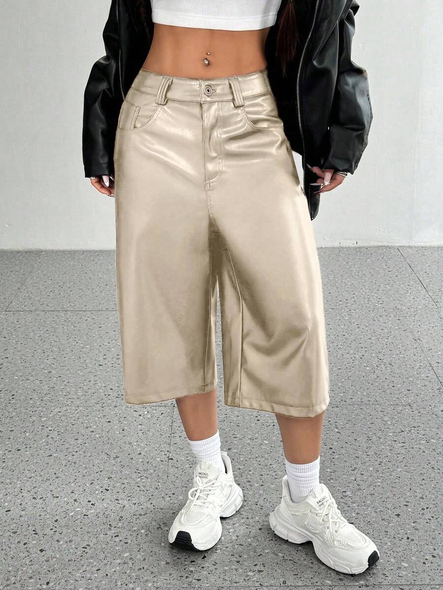 SHEIN Unity Women's PU Leather Casual Straight Leg Capri Pants - Beige - View 1