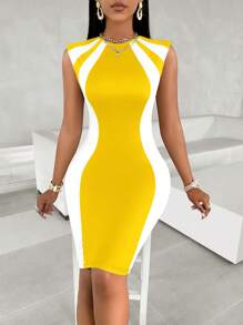 SOLERSUN Contrast Color Shoulder Pad Bodycon Dress For New Year Clothes