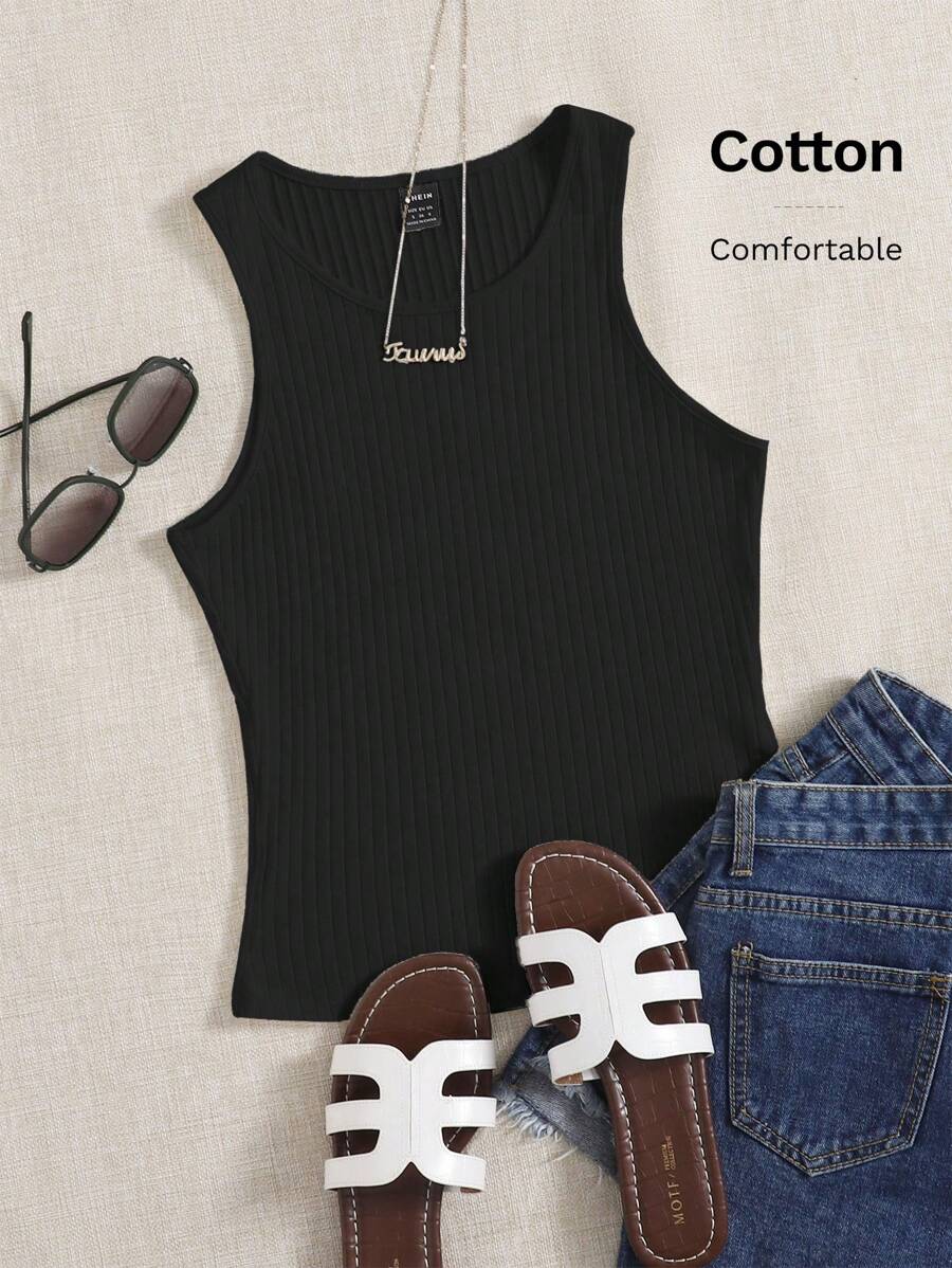 SHEIN EZwear Women's Solid Color Round Neck Sleeveless Simple Tank Top, Casual For Everyday Wear - Black - View 1