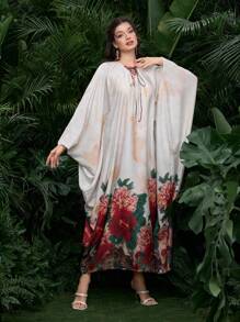 Al Najma 女士宽松数码花卉印花前系带长裙 - 白色 - 查看 7