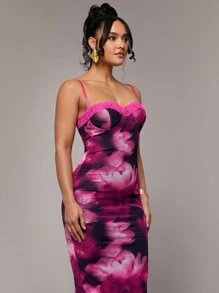 Silquee 性感粉色渐变大花卉印花蕾丝修身长裙，浪漫花卉印花，适合情人节、约会、派对、婚礼、正式场合、日常穿着 - 彩色 - 查看 7