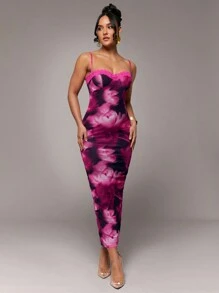 Silquee 性感粉色渐变大花卉印花蕾丝修身长裙，浪漫花卉印花，适合情人节、约会、派对、婚礼、正式场合、日常穿着 - 彩色 - 查看 1