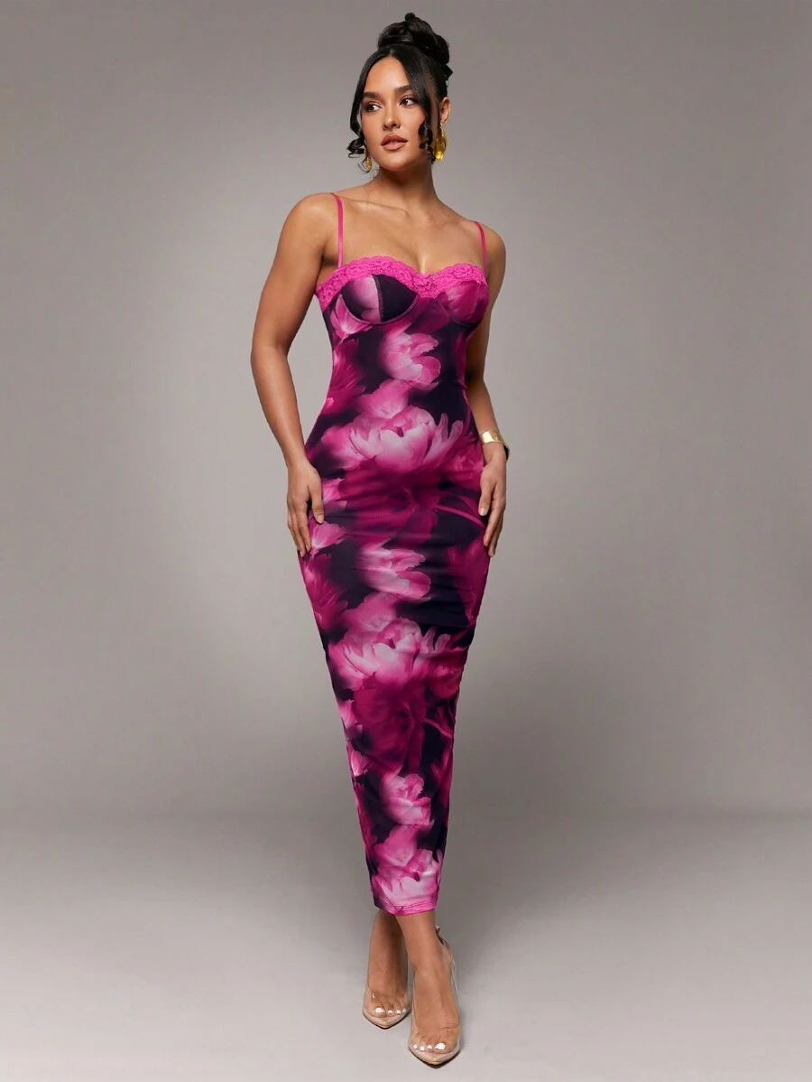 Silquee 性感粉色渐变大花卉印花蕾丝修身长裙，浪漫花卉印花，适合情人节、约会、派对、婚礼、正式场合、日常穿着 - 彩色 - 查看 1