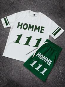 Manfinity Homme 男士夏季字母印花圆领短袖休闲T恤短袖短裤套装 - 白色 - 查看 2