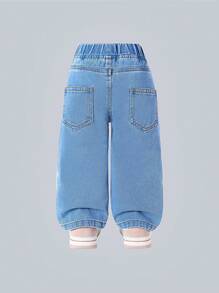 SHEIN 女婴时尚牛仔直筒裤，带心形刺绣缝线 - 淺色水洗藍 - 查看 2