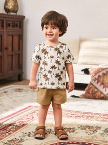 Cozy Pixies Set de 2 piezas de Top de manga corta de cuello redondo suave y pantalones cortos de cintura elástica con estampado de palmeras para bebé niño