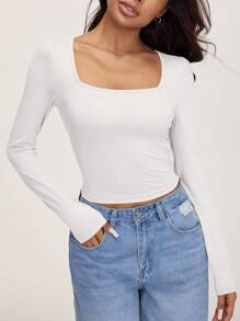 SHEIN BASICS 3 chiếc áo thun nữ cổ tròn tay dài dệt kim màu trơn ôm vừa vặn - màu đen - Xem 7