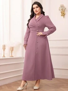Modelyn Plus Size Women Solid Color Pleated Ruffle V-Neck Long Sleeve Dress - Pink - View 4