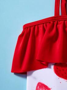 SHEIN Baby Girl Strawberry Pattern Ruffled Swimsuit & Hat Set, Cute Knitted Summer - Red and White - View 3