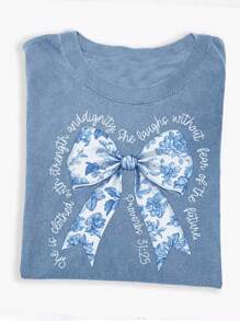 INAWLY Christian Comfortable Colored Shirts, Blue Floral Bowknot Bible Verse Shirts, Fashionable Christian Gift For Mom, Suitable Church Tops For Women - Blue - View 3