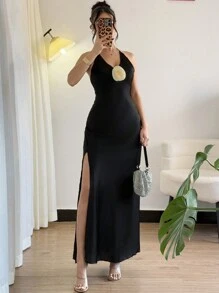 Chiquease Damen langes weißes Blumenprint Kleid mit V-Ausschnitt, hohem Schlitz, Rückenbindung und offenem Rücken, simple aber elegante Urlaubskleid mit sexy Look