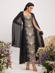 Al Najma 女士花卉印花披肩袖优雅伊斯兰卡夫坦连衣裙 - 彩色 - 查看 3