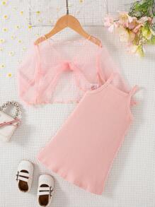 Baby Mädchen Mode elegante süße Vintage-rosa Mesh-Top kombiniert mit rosa geripptem Trägerkleid, Sommer