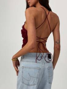 Aloruh 新款玫瑰花卉 3D 露背背心，性感短款上衣，适合情人节约会之夜，百搭