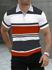 SHEIN Manfinity Dauomo Chemise polo à manches courtes homme à rayures bicolores tendance