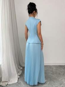 Gloray Set de 2 piezas blusa de mujer de unicolor con botones delanteros elegantes y falda plisada