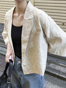 FRIFUL Women's Striped Loose Super Short Suit Jacket Women Blazers Business Attire - Apricot - View 2