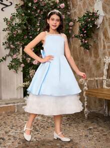 SHEIN 女孩蓝色珍珠吊带公主薄纱连衣裙，选美礼服（2 件分开出售） - 藍色 - 查看 3