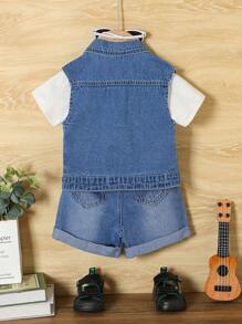 2pcs Toddler Boys Ripped Denim Vest Jacket And Jean Shorts Set - Medium Wash - View 2