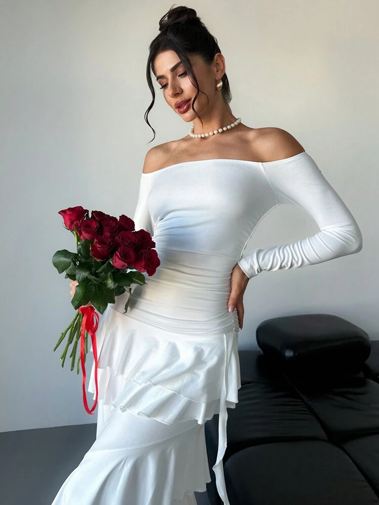 off the shoulder polka dot maxi dress Zone Planet | Layla's One-Shoulder Polka Dot Slit Maxi Dress