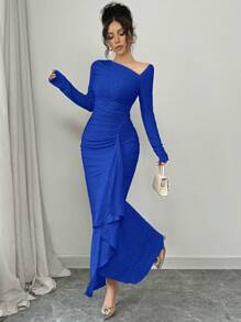 Elenzga Đầm Maxi Ôm Body Dệt Kim Họa Tiết Thanh Lịch Cho Nữ Đi Làm Đi Làm, Tay Dài, Cổ Bất Đối Xứng, Eo Nhún, Quyến Rũ - Xanh đậm - Xem 3