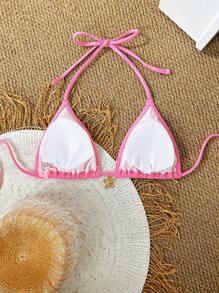 Swim Mod 1 szt. Damski jednolity kolor teksturowanej tkaniny różowy Halter trójkątny strój kąpielowy Top strój kąpielowy Top na letnie wakacje na plaży