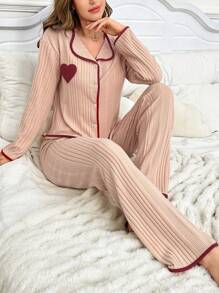 情人节心形刺绣撞色翻领休闲天鹅绒上衣和裤子睡衣套装