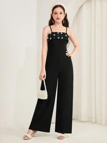 SHEIN Leap Crew 少女优雅黑色奢华珍珠宽腿连体裤，春夏秋冬，连体裤，户外，感恩节，返校节，万圣节，圣诞节 - 黑色 - 查看 5