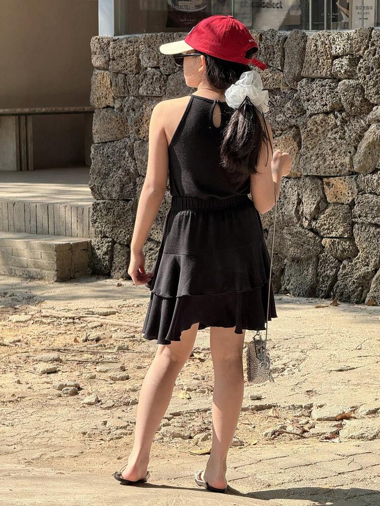 2pcs/Set Tween Girl Solid Color Round Neck Sleeveless Top And Skirt