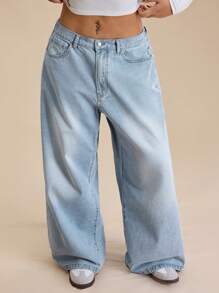Forever 21 Spring New Fashion Low Waist Loose Wide Leg Casual Commuting High Street Minimalist Light Blue Washed Vintage Versatile Plus Size Women Jeans