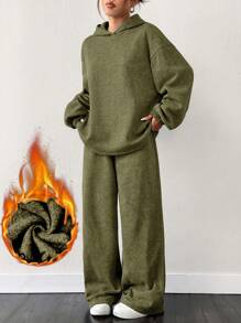 SHEIN EZwear 2pcs/Set Oversized Olive Green Thermal Lined Hoodie Sweatshirt And Wide Leg Sweatpants Sage Green Outfit Co Ords Sets Women Knit Set Olive Green Outfit Women Comfortable Two Piece Set,Fall,Fall Clothes For Women - Army Green - View 1