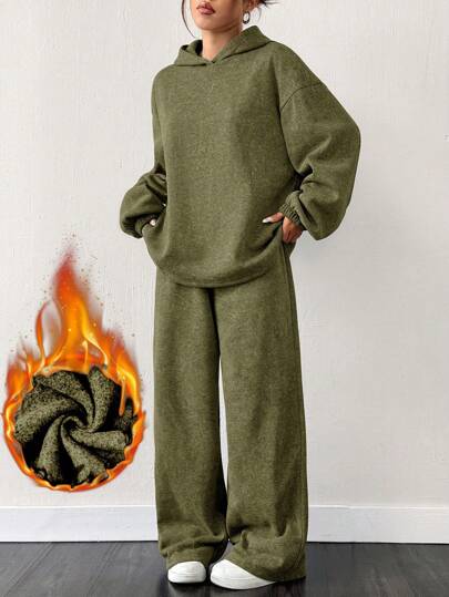 SHEIN EZwear 2 st/set överdimensionerade olivgröna termofodrade huvtröjor och vida mjukisbyxor