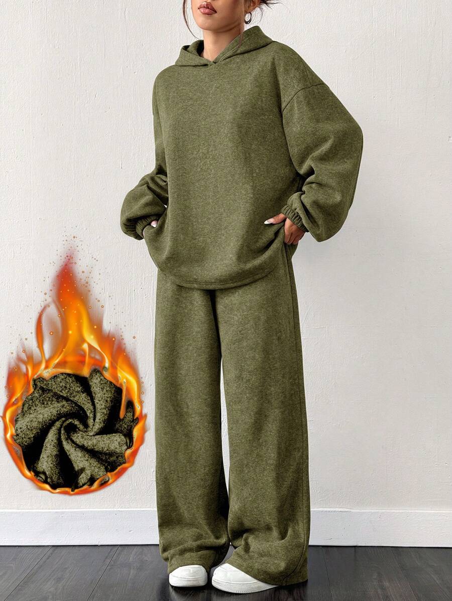 SHEIN EZwear 2pcs/Set Oversized Olive Green Thermal Lined Hoodie Sweatshirt And Wide Leg Sweatpants Sage Green Outfit Co Ords Sets Women Knit Set Olive Green Outfit Women Comfortable Two Piece Set,Fall,Fall Clothes For Women - Army Green - View 1