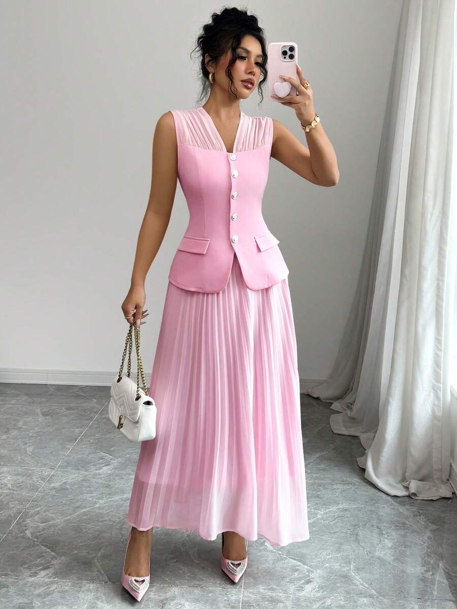 Rafferiza 2 件套女士简约前扣无袖上衣和裙子套装 - 淺粉色 - 查看 1