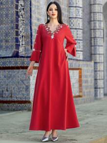 Layrah Elegant Hand-Sewn Rhinestone Embellished Maxi Length Long Robe With Slit, Simple Design, Kaftan & Jalabiya, Luxury Evening Dresses For Women,Modest - Red - View 1