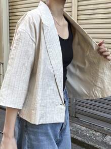 FRIFUL Women's Striped Loose Super Short Suit Jacket Women Blazers Business Attire - Apricot - View 8