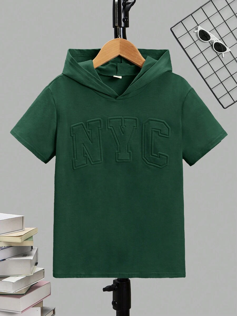 SHEIN Leap Crew Camiseta Curta com Capuz e Malha com Estampa em Relevo de Letra para Meninos Pré-Adolescentes - Verde Escuro - Visão 1